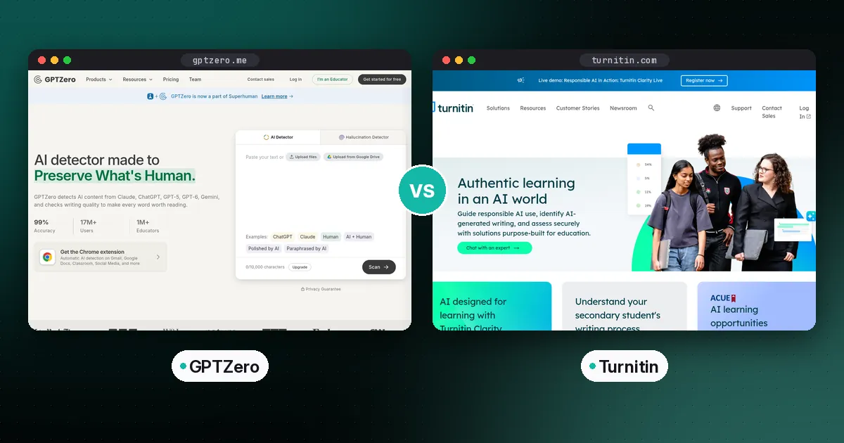 Side-by-side screenshots of the GPTZero and Turnitin websites