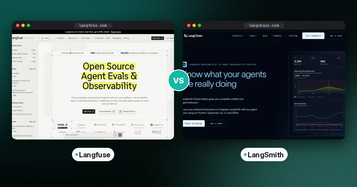 Side-by-side screenshots of the Langfuse and LangSmith websites