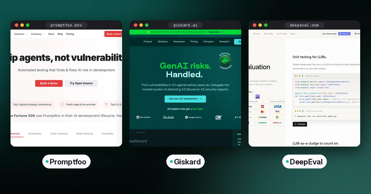Side-by-side screenshots of the Promptfoo, Giskard and DeepEval websites