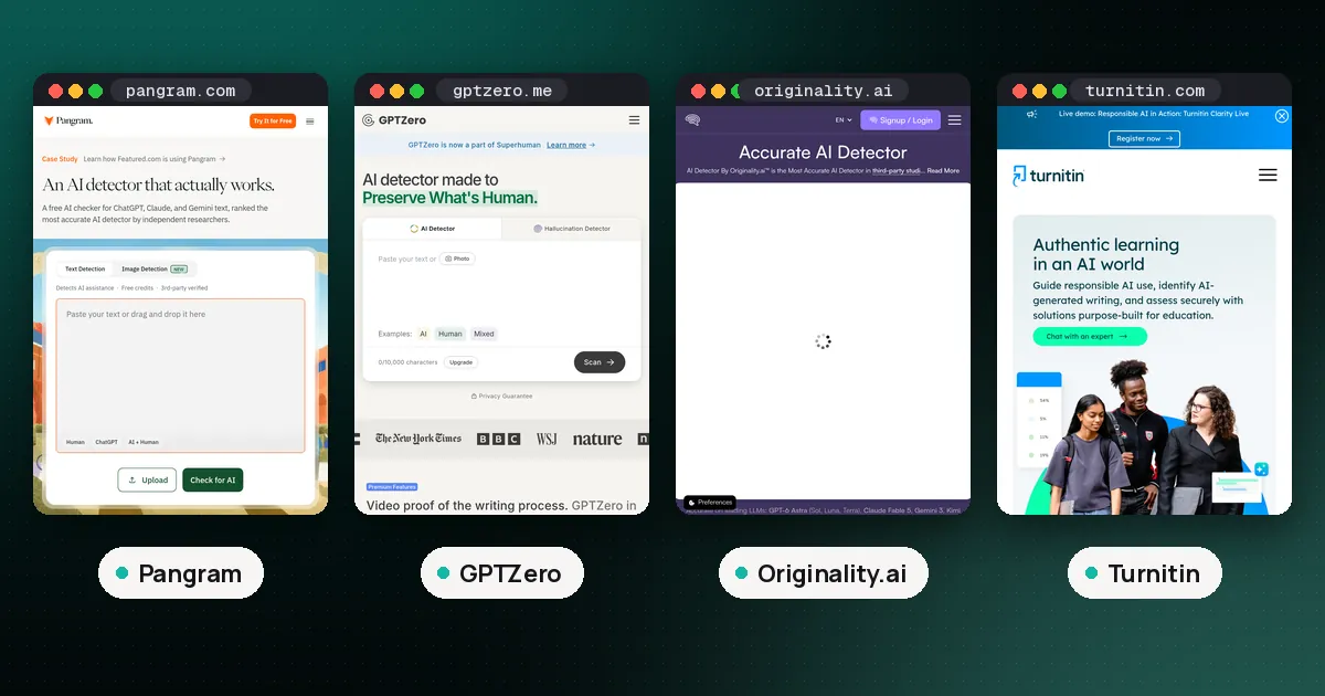Screenshots of Pangram, GPTZero, Originality.ai, Turnitin