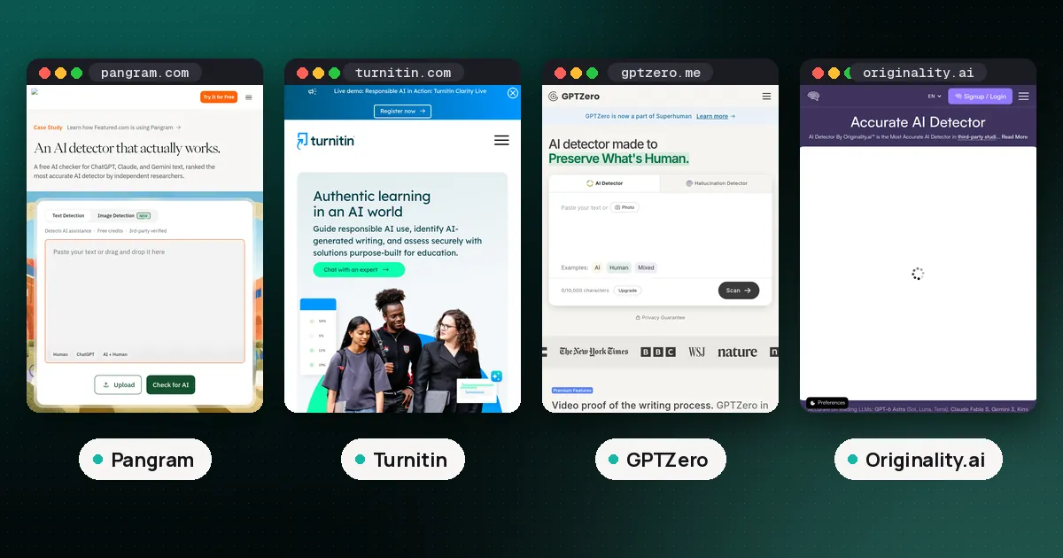Screenshots of Pangram, Turnitin, GPTZero, Originality.ai